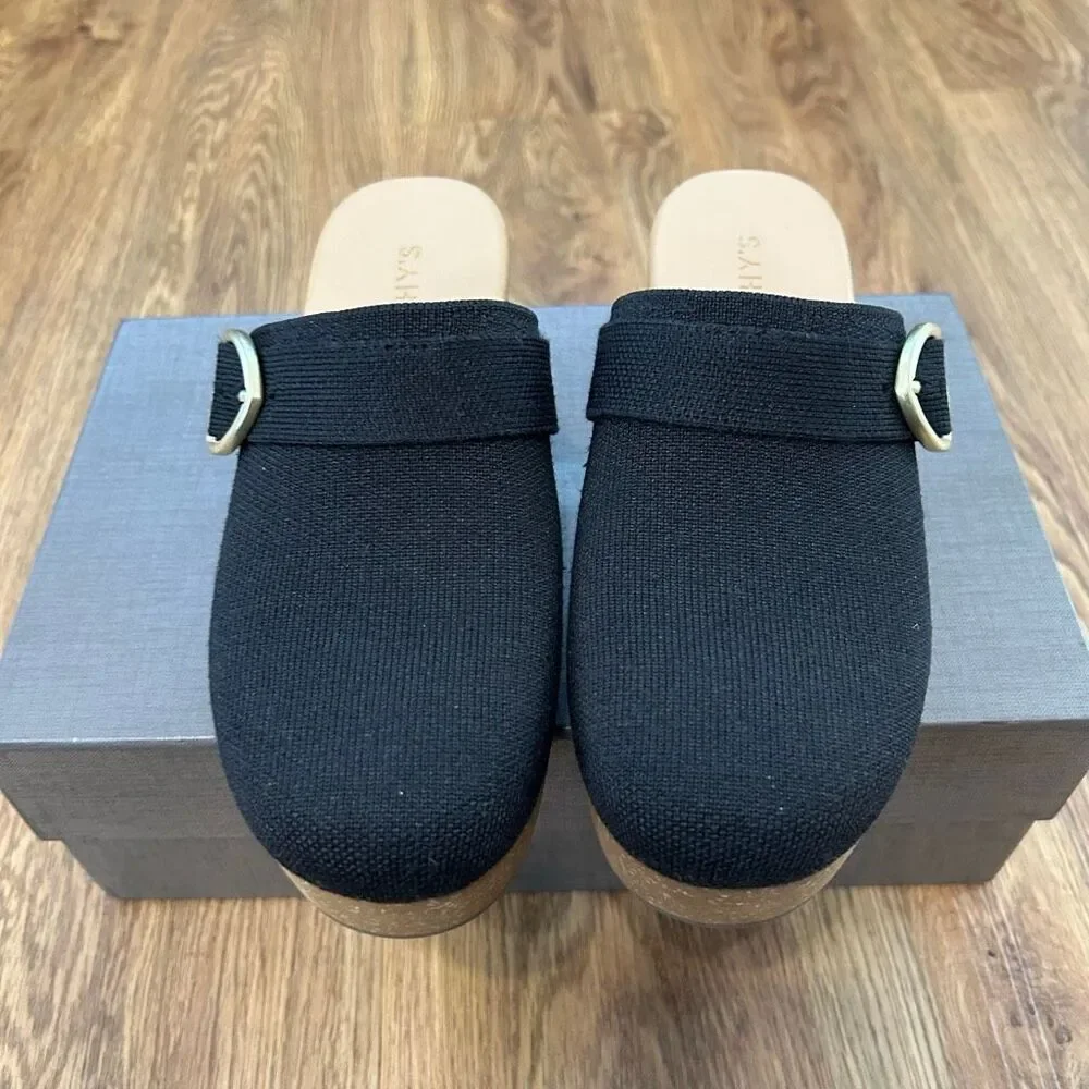 ROTHY’S black gold buckle platform heeled clogs mules slip on shoes sz 7 new
